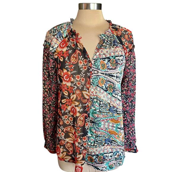 Umgee Mixed Print Paisley Floral Sheer Chiffon Top MED Bohemian Long Sleeve Fall - Picture 3 of 9